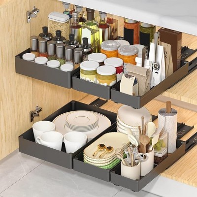 Acekool 3 Pack Pull Out Cabinet Organizer – Slide-Out Storage Drawers, No-Drill, 3 Sizes for Kitchen, Pantry, Bathroom, Black