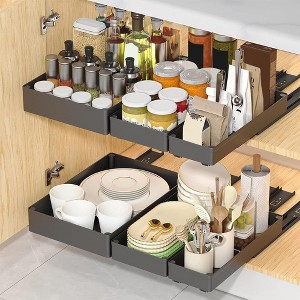 Acekool 3 Pack Pull Out Cabinet Organizer – Slide-Out Storage Drawers, No-Drill, 3 Sizes for Kitchen, Pantry, Bathroom, Black - 1 of 4