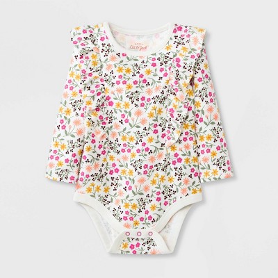 Image of Baby Girls' Floral Ruffle Long Sleeve Bodysuit - Cat & Jack™ Cream 0-3M