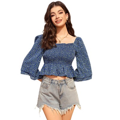 Blouses for Women Puff Long Sleeve Shirts Square Neck Casual Smocked Tunic Tops