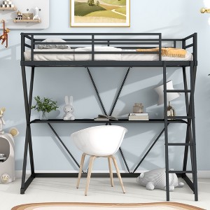 PAGED Full Size Loft Bed with Desk Modern Simple Metal Bed Frame with Storage Shelves, Guardrails and Ladder for Bedroom - 1 of 4