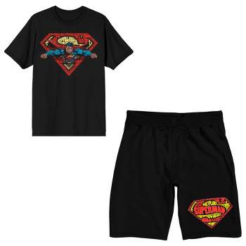 Superman Flying Text Men's Short Sleeve Shirt & Sleep Shorts Set