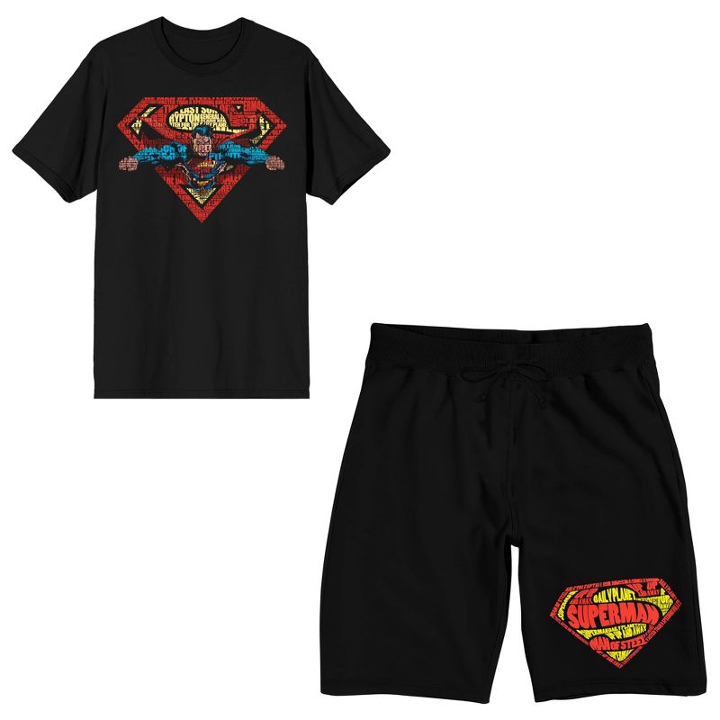 Superman Flying Text Men's Short Sleeve Shirt & Sleep Shorts Set, 1 of 6