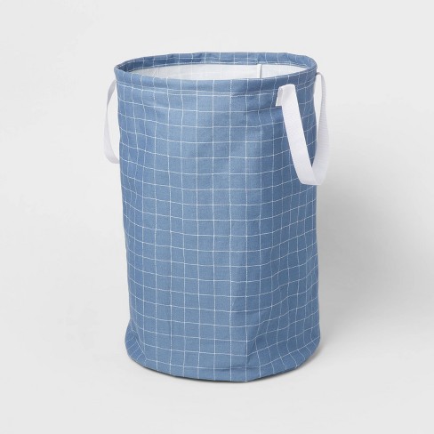 at Home Round Collapsible Canvas Laundry Hamper with Drawstring Liner, Navy Blue