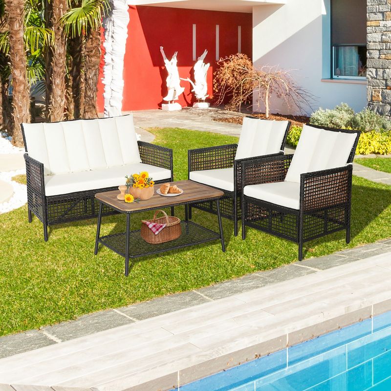 Costway 8PCS Patio Rattan Furniture Set Cushioned Chairs Wood Table Top W/Shelf, 2 of 11