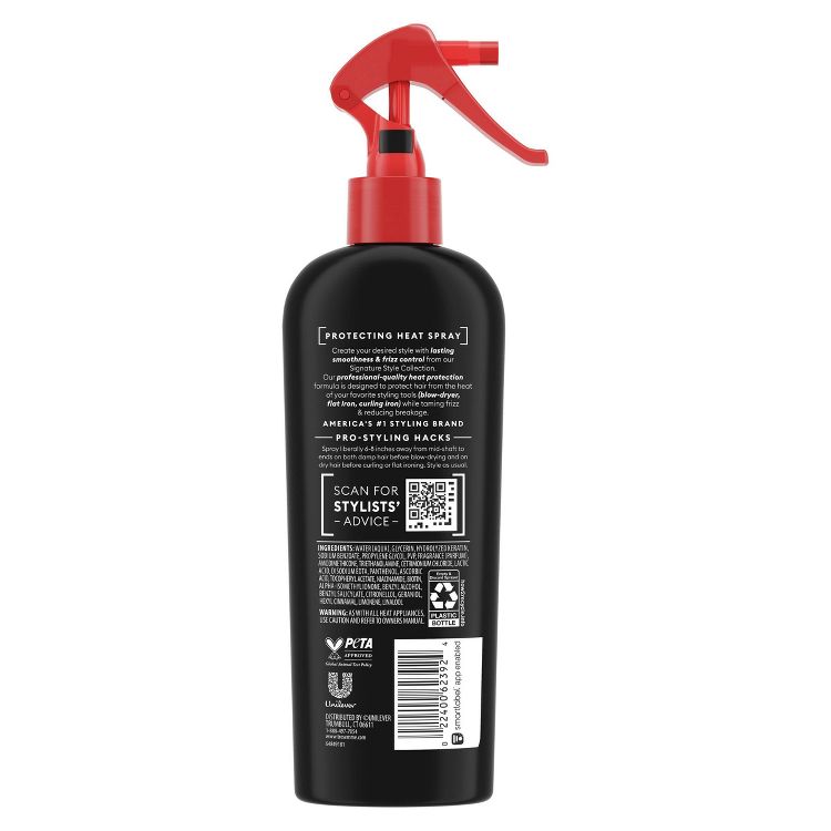 Black colored spray bottle with a red trigger, featuring text about protecting heat spray and a QR code for stylist advice.