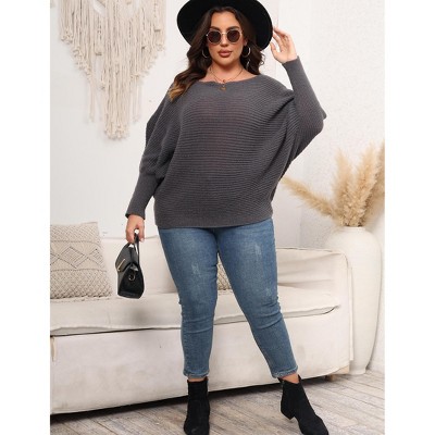 Womens Plus Size Off-Shoulder Batwing Sleeve Sweater Winter Knit Tops