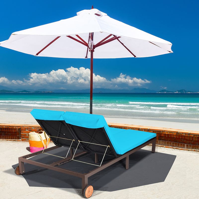 Costway 2-Person Patio Rattan Lounge Chair Chaise Recliner Adjustable Cushion Turquoise, 4 of 11