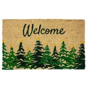 1'4" x 2'4" Winter Fir Trees Indoor/Outdoor Coir Doormat Green/Yellow - Entryways: PVC-Backed, Shake Clean, Botanical Pattern - 1 of 4