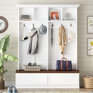 Whisen Farmhouse Style 4-in-1 Hall Tree with Wood Grain Bench, 2 Large Drawers and 6 Black Hooks - 1 of 4