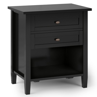 Vynxaria Transitional 2-Drawer Bedside Table - Black, 16"Dx24"Wx26"H, Solid Wood, Bronze Pulls, Metal Glides, Open Bottom Storage