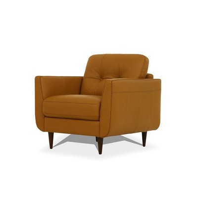 Camel Leather Deep-Seat Accent Chair with Tapered Wood Legs