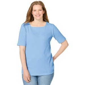 Woman Within Plus Size Ribbed Square Neck Elbow-Sleeve Tee - 1 of 4