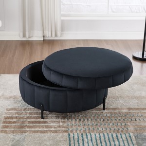 KWPZQEB Round Ottoman w/ Storage, Velvet Stool w/ Reversible Tray Lid & Metal Legs, Pumpkin-Shape Coffee Table, Modern Footrest for Living Room - 1 of 4