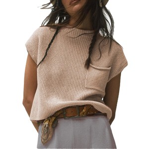 Cap Sleeve Tops for Women Spring Mock Neck Sleeveless Knit Tops with Chest Pocket Summer Crew Neck Pullover Sweater - 1 of 4