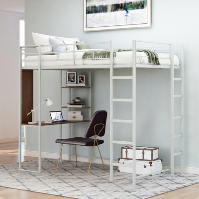 ALEXOUN Modern Heavy Metal Bunk Bed with 2 Ladders Metal Loft Bed with Desk for Bedroom, Dorm,Apartment Space-Saving,Silver