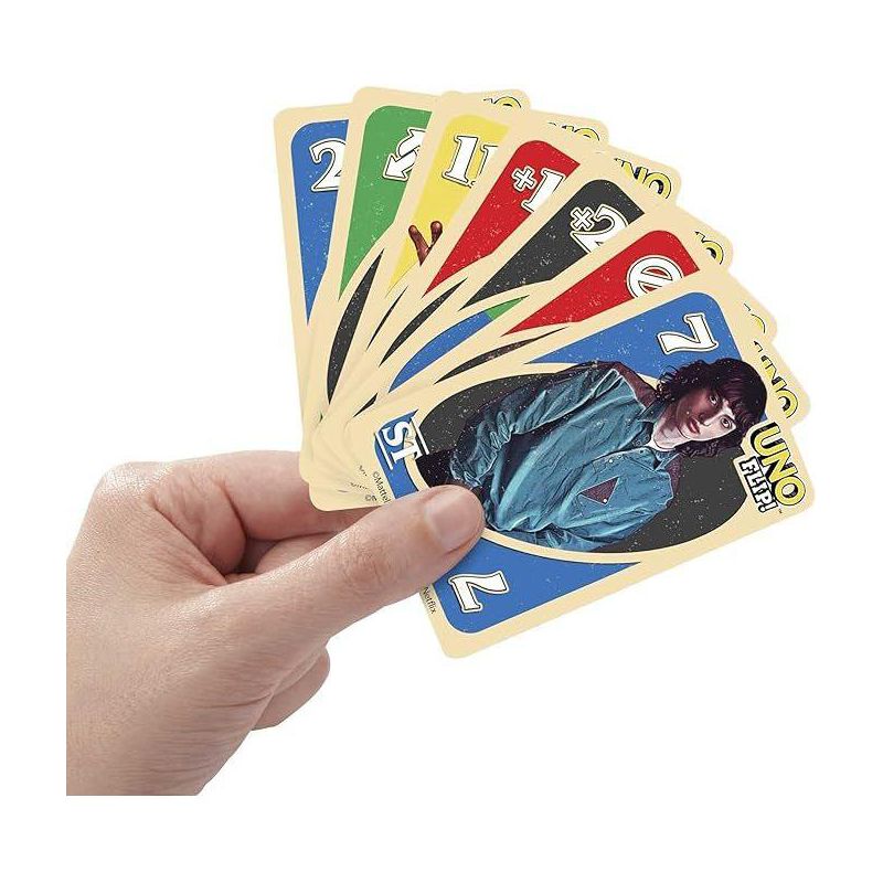 UNO FLIP! STRANGER THINGS Card Game with Double-Sided Deck Collectible Gift for Kid, Family & Adult Game Nights, 2 to 10 Players, 4 of 7