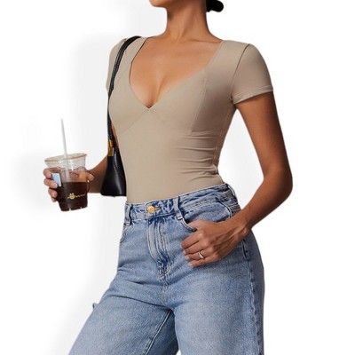 Anna-Kaci Women's Short Sleeve Sweetheart Neckline Bodysuit with Slim Fit and Stretch Fabric