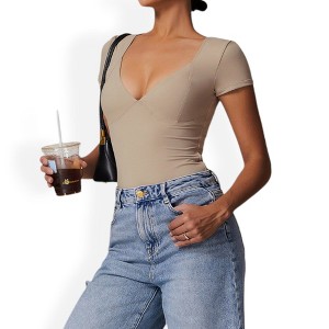 Anna-Kaci Women's Short Sleeve Sweetheart Neckline Bodysuit with Slim Fit and Stretch Fabric - 1 of 4