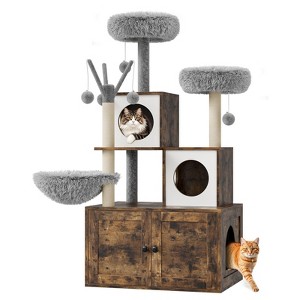 Litter Box Enclosure with Cat Tree Tower and Condo, Hidden Cat Washroom Furniture with Sisal Scratching Post & Soft Plush Perch - 1 of 4