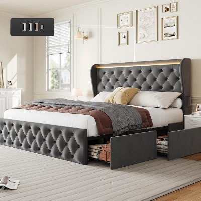 Bed Frame with LED Lights and Charging Station, Velvet Upholstered Platform Bed with Wingback Headboard, Button Tufted, Noise-Free.