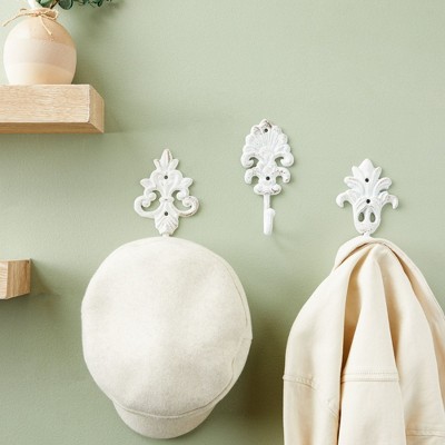 Vintage White Cast Iron Wall Hooks Set with Screws