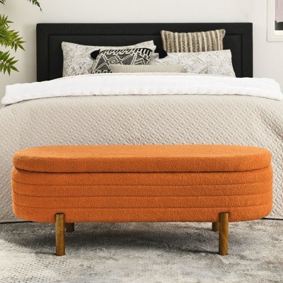 CAVINAS Storage Ottoman Bench, Ottoman Oval Storage Bench, Rubber Wood Leg, Large Blanket Storage Bench, Orange