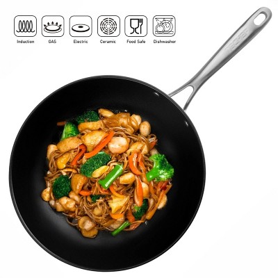 12-Inch Black Aluminum Nonstick Wok with Stainless Steel Handle