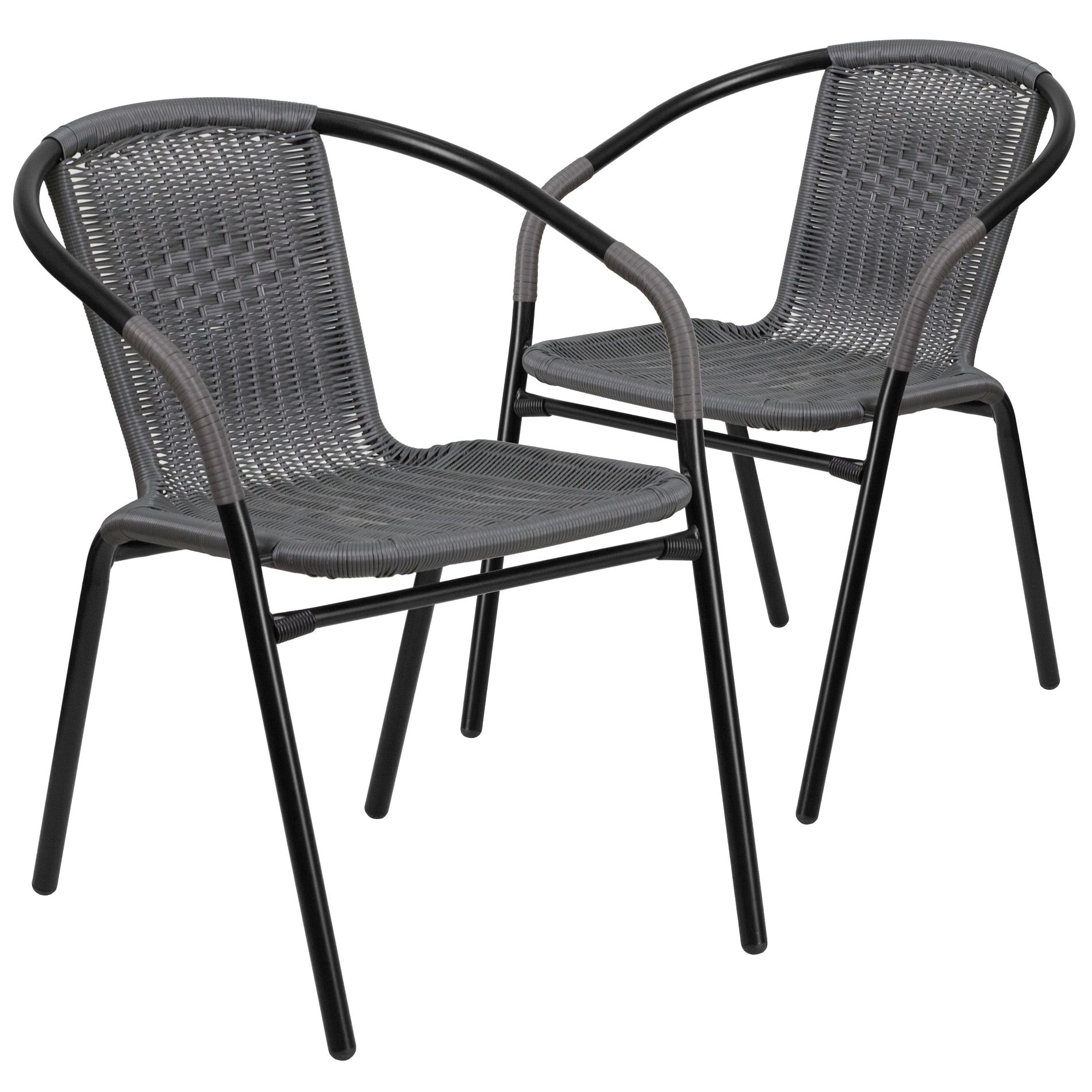 Emma and Oliver 2 Pack Gray Rattan Indoor-Outdoor Restaurant Stack Chair with Curved Back