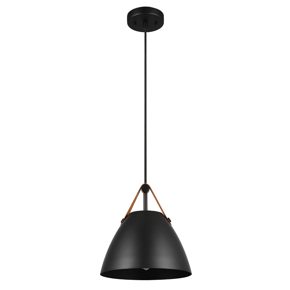Globe Electric 1-Light Matte Black Pendant Light with Faux Leather Strap Detail: Industrial Ceiling Fixture, ETL Listed