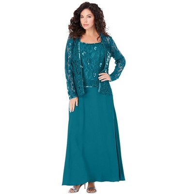 Roaman's Women's Plus Size Beaded Lace Jacket Dress - 14 W, Deep Teal ...