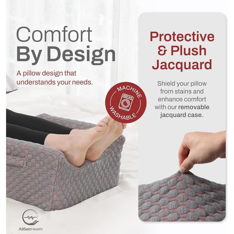 Allsett Health Memory Foam Double Leg Elevation Pillow | Luxurious Jacquard Plush Washable Cover | Post Surgery Support Pillow for Injuries- Grey, 3 of 8