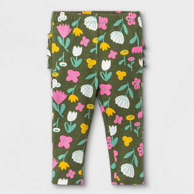 Image of Baby Girls' Floral Ruffle Bum Leggings - Cat & Jack™ Olive Green Newborn