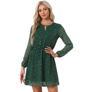 INSPIRE CHIC Women's Choker V Neck Vintage Flared Gilding Metallic Shiny Star A-Line Dress - 1 of 4