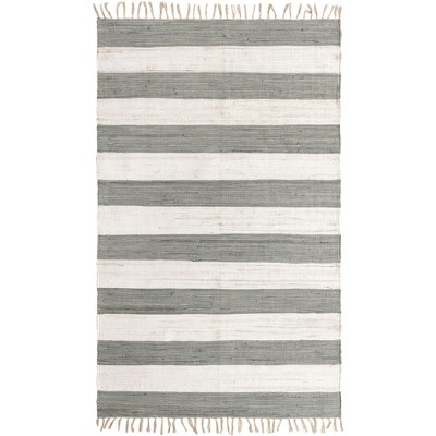 Handwoven Striped Chindi Rag Rug in Gray and Cream Cotton