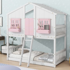 Twin Over Twin House Bunk Bed with Roof, Safety Guardrails and Ladder - 1 of 4