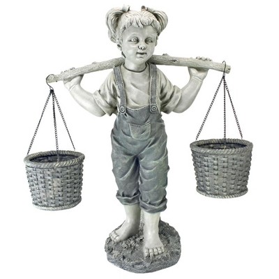 Medium Two-Tone Resin Little Girl Garden Statue with Baskets