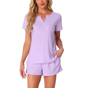 INSPIRE CHIC Women's Waffle Knit V-neck Short Sleeve Top with Shorts Tracksuit Lounge Set with Pockets - 1 of 4