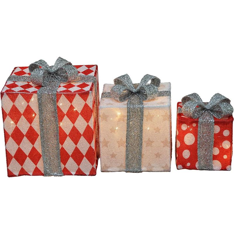 Candy Cane Lane 8/10/12 Inch Set Of Three Diamond, Star, Dot With Silver Bow Presents Outdoor Led Décor, Nested, 1 of 3