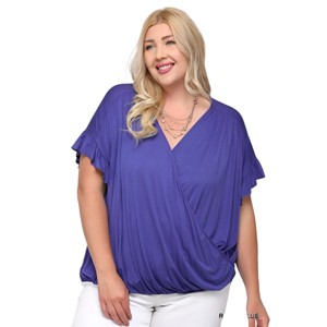 Slickblue Women's Plus Size Ruffle Sleeve Surplice Top, Viscose Knit Blouse, Stretchy Fit, Royal Blue/Tomato, XL-2XL - 1 of 4