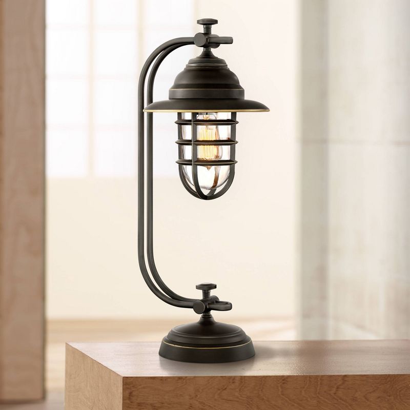 Franklin Iron Works Knox Industrial Desk Lamp 24" High Oil Rubbed Bronze LED Cage Glass Shade for Bedroom Living Room Bedside Nightstand Office House, 2 of 10