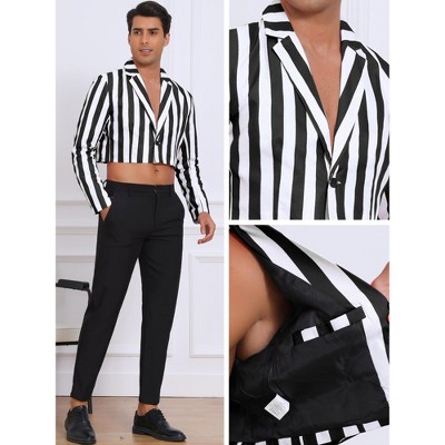 Мужские куртки INSPIRE CHIC Men's Single Breasted Notch Lapel Business Crop Stripes Suit Jackets X Large Black White — фото 4