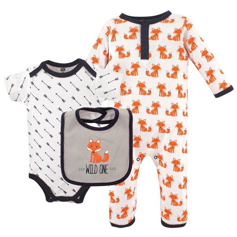 Hudson Baby Infant Boy Cotton Coverall, Bodysuit and Bib Set 3pc, Wild One, 1 of 3