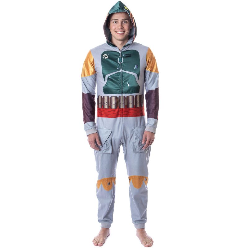 Star Wars Mens' Boba Fett Hooded Costume Union Suit One-Piece Pajama Grey, 1 of 7