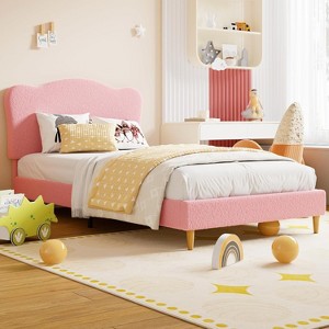 Twin Size Bed Frame with Adjustable Headboard, Boucle Upholstered Platform Bed for Kids, Strong Wood Slats, No Box Spring Needed - 1 of 4