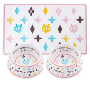 White Chewy Vuiton Bowls & Mat (Dog Bowls with Matching Placemat) - 1 of 3