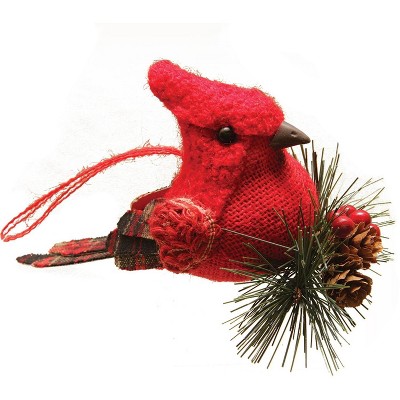 Northlight 6.25" Burlap and Plaid Cardinal on Pine Sprig Christmas Ornament - Red