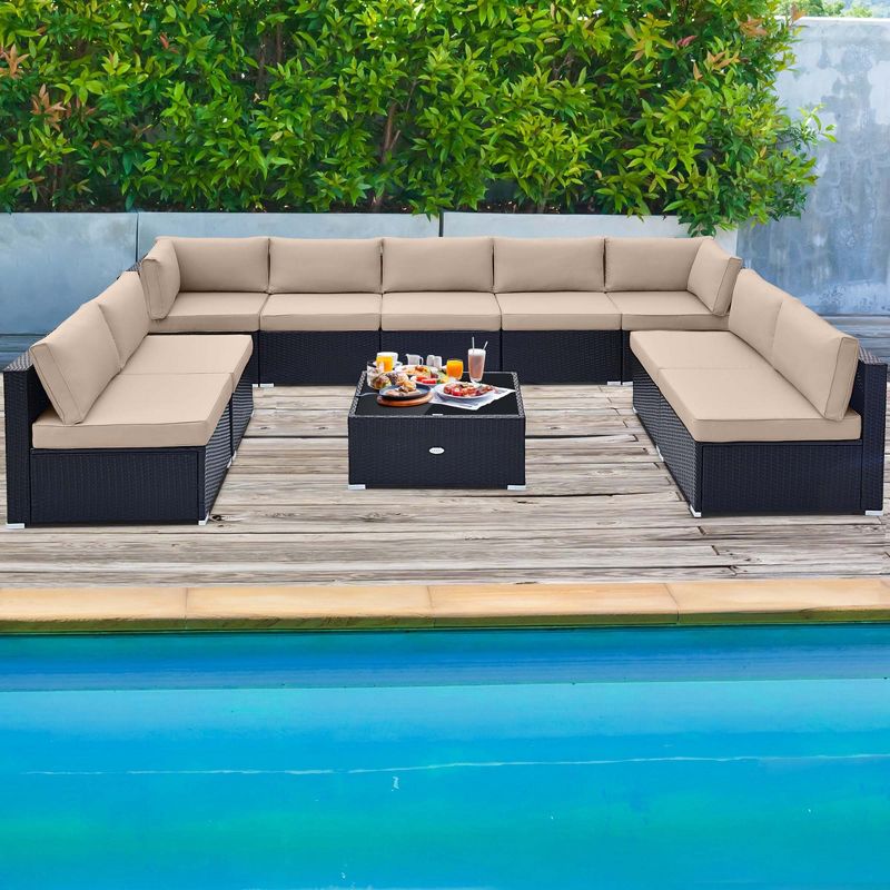 Costway 10 PCS Patio Rattan Furniture Set Outdoor Wicker Sofa Table Cushioned Seat Black/Brown, 2 of 11