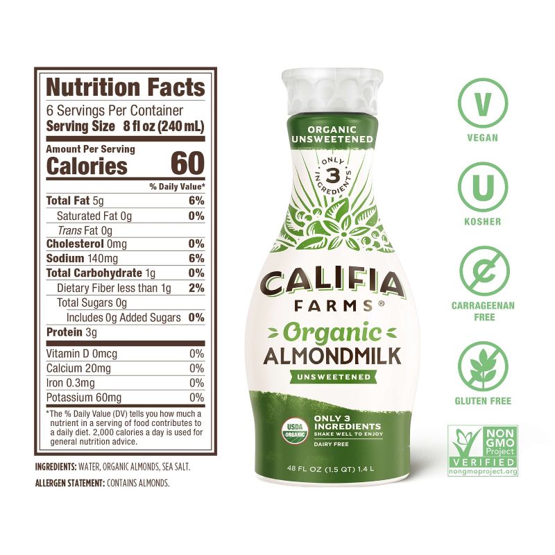 Califia Farms Organic Unsweetened Almond Milk - 48 fl oz, 6 of 8