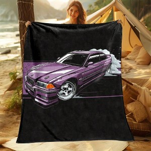 Vintage Purple Sports Car Print Flannel Throw Blanket - Soft, Reversible & Machine Washable for All Seasons - Perfect for Bed, Sofa, Camping - 1 of 4